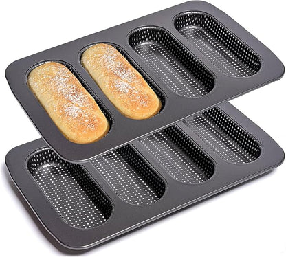 Carbon Steel Hot Dogs Buns Mold - Set of 2 Baguette Pan Nonstick French Bread Loaf Pan 4 Trays Baking Mold for Hot Dogs, Buns