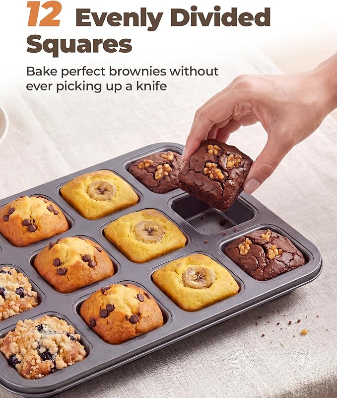 Bake Choice Square Brownie Pan with Dividers, Non Stick Carbon Steel Baking Tray, All Edges Brownie Bite Pan, 1 Pack 12 Cavity, for Individual Brownies, Cupcakes, Muffins, Cookies, Bread