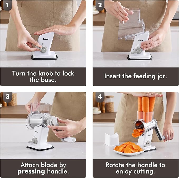 Geedel Rotary Cheese Grater - Upgraded Vegetable Shredder with 4 Interchangeable Blades, Easy to Clean Cheese Shredder with Handle, Kitchen Grater Nuts Grinder for Cutting Cheese, Vegetable, Nuts