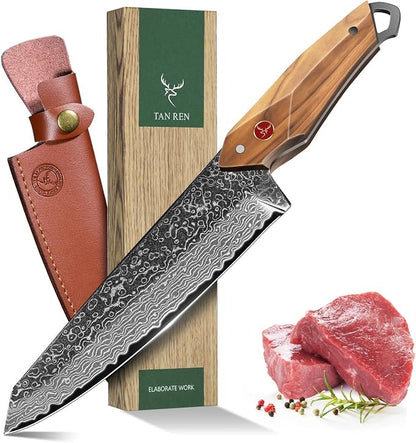 TAN REN Damascus Chef Knife 6 inch with Sheath, Razor Sharp Japanese Kiritsuke Knife, Full Tang Damascus Kitchen Knives with Wooden Handle, Kitchen Gift for Men and Women