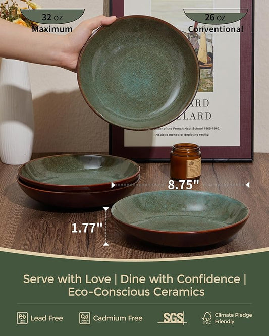 Pokini 12 Piece Dinnerware Sets with Pasta Bowls, Stain Resistant Dish Set, Easy Cleaning Dishes, Multi-Functional Plate and Bowl Set, Stack Compactly Plates, Service for 4 Sage Green