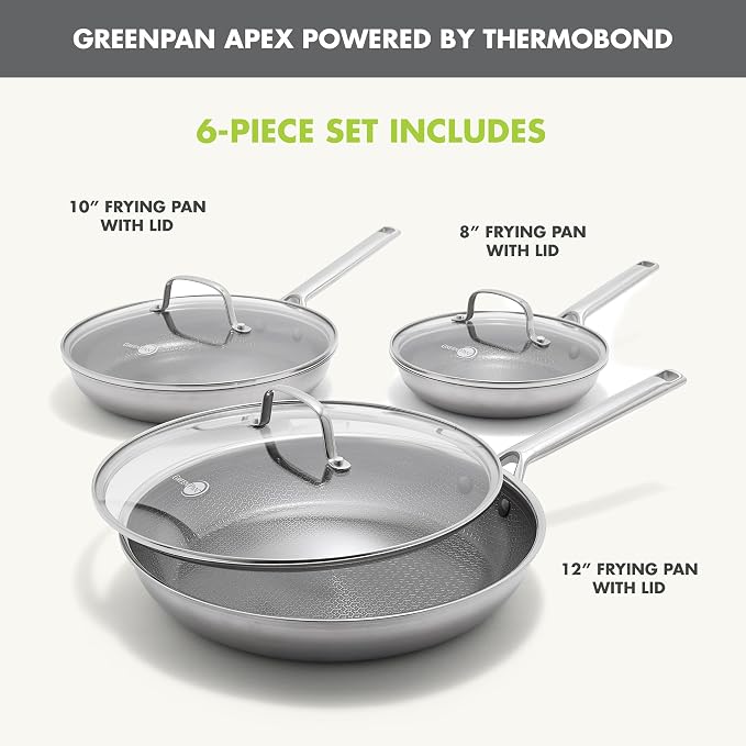 GreenPan Hybrid 6-Piece Frying Pan Set (8, 10, 12-inch Skillets with Glass Lids), Ceramic Nonstick with Tri-Ply Stainless Steel, Induction & All Cooktop Compatible, Dishwasher & Oven Safe, Silver
