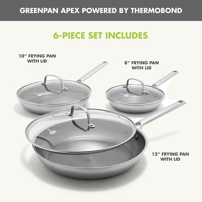 GreenPan Hybrid 6-Piece Frying Pan Set (8, 10, 12-inch Skillets with Glass Lids), Ceramic Nonstick with Tri-Ply Stainless Steel, Induction & All Cooktop Compatible, Dishwasher & Oven Safe, Silver