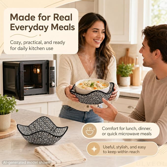 Set of 2 Microwave Bowl 4x7x7 Inch Polyester Cloth Hot Pads with Black and White Color - Holder Microwavable Pot for Food - Ramen Soup or Pot Cozy - Multipurpose Heat Resistant Plate Holders
