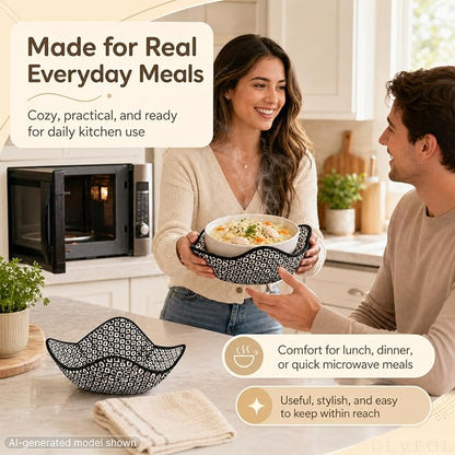 Set of 2 Microwave Bowl 4x7x7 Inch Polyester Cloth Hot Pads with Black and White Color - Holder Microwavable Pot for Food - Ramen Soup or Pot Cozy - Multipurpose Heat Resistant Plate Holders