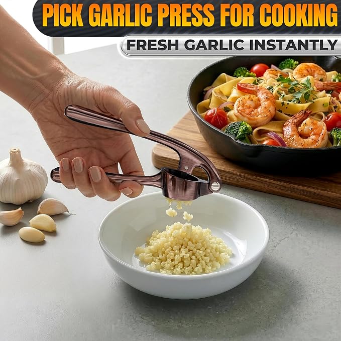 Stainless Steel Garlic Press Set with Silicone Garlic Peeler and Cleaning Brush - Ginger Mincer with 37 Built-In Studs, Rust-Resistant, Ergonomic Handle, No Peel Needed, Dishwasher Safe, Copper Color
