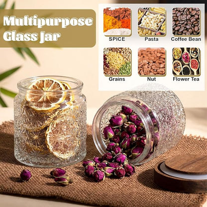 Suclain 6 Pcs 17 OZ Vintage Glass Jar with Acacia Wood Lids Airtight Glass Storage Canisters Kitchen Spice Jars Food Storage Containers for Pantry Coffee Grains Tea Sugar Flour(Stars)