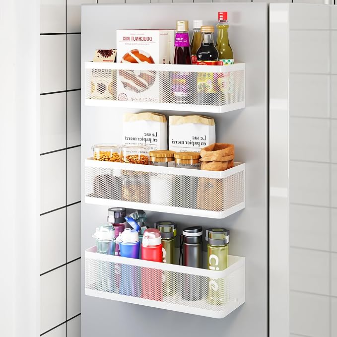 3 Pack Magnetic Spice Rack for Refrigerator, Heavy Duty White Metal Fridge Organizers & Storage Baskets, Multi-use Magnetic Shelves for Kitchen Organization, Pantry, Laundry Room & Bathroom Storage