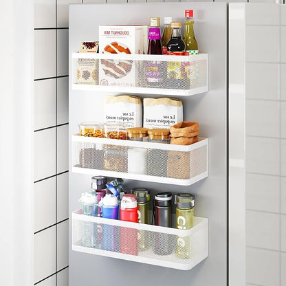 3 Pack Magnetic Spice Rack for Refrigerator, Heavy Duty White Metal Fridge Organizers & Storage Baskets, Multi-use Magnetic Shelves for Kitchen Organization, Pantry, Laundry Room & Bathroom Storage