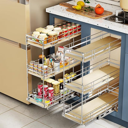 ROOMTEC 3-Tier Pull Out Cabinet Organizer Spice Rack for Narrow Cabinet 7" W x 20½" D, Slide Out Wood Shelves Storage for Kitchen