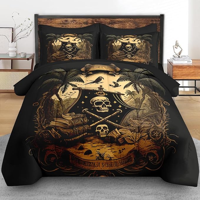 Pamnest Comforter Set Twin Size, Pirate Skeleton 5 Pcs Bedding for Kids and Adults, Halloween Vintage Gothic Bed Sheet Sets with Fitted Sheet Pillowcase & Sham for Bedroom Bed Decor