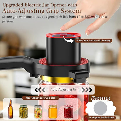 Electric Jar Opener for Seniors with Auto-Adjusting Gripper, Rechargeable Jar & Bottle Openers for Weak Hands and Arthritis, Easy Twist Off Lid Opener with Rubber Gripper Pad, Fits 1"-3.5" Lids(Red)