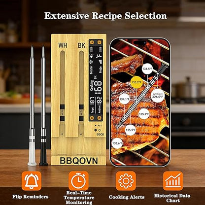 BBQOVN WiFi Sub-1G Wireless Meat Thermometer Unlimited Range 7 NIST Certified Sensors with Ambient Temp 2 Temp Monitoring Ways Digital Smart Base and App for BBQ, Smoker, Grill, Oven (Dual Probes)