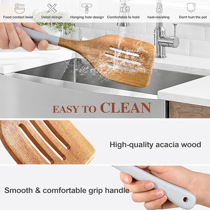 Wooden Spoons For Cooking, 6 Pieces Natural Acacia Wooden Cooking Utensils or Non-Stick Wooden Kitchen Utensil Set for Kitchen Essentials, Wood Cooking Utensils Set with Hanging Hole, Grey