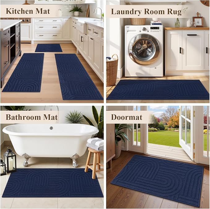 U'Artlines Kitchen Rugs and Mats Set of 3, Non Skid Washable Blue Geometric Kitchen Mats for Floor, Absorbent and Stain Resistant Floor Mat for Laundry, Sink Decor 20x32+20x48+20x59