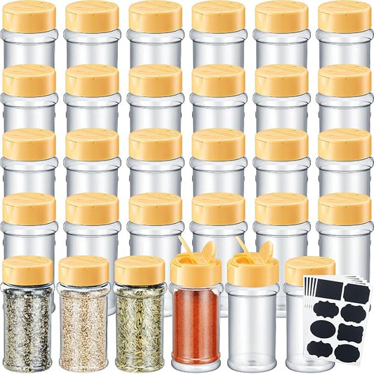 Eccliy 36 Pack 3 oz Clear Plastic Spice Jars with Label and Shaker Lids Empty Spice Bottles Seasoning Containers Seasoning Jars Shaker Condiment Pots for Pepper Herbs Powders (Wood Color)