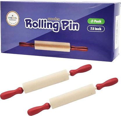 The Dreidel Company Mini Rolling 7.5 Inch 6-Pack Rolling Pin for Play Dough - Wood Kids Rolling Pin For Little Bakers, With Red Handles Arts and Crafts Clay Roller, 7.5" (Pack of 6)