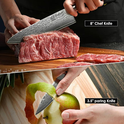 KEEMAKE Damascus Kitchen Knife Set, 2PCS Ultra Sharp 67-Layer Damascus Steel Chef Knife with G10 Non-Slip Handle, Elegant Box for Men Husband