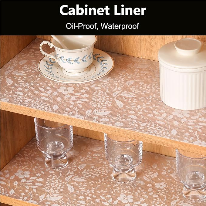 INNOLITES Shelf Liner for Kitchen Cabinets, Non-Adhesive Drawer Liner, Waterproof Washable EVA Floral Pattern, Protect Dresser Cupboard Refrigerator Shelves (Ivory Herb, 11.8" x 120")