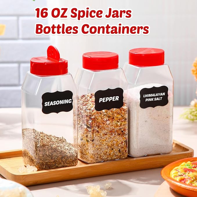 Mifoci 28 Pack 16 oz Plastic Spice Jars with Cap Square Plastic Bottle Containers with Shaker Lids and Stickers Large Seasoning Shaker Empty Powder Storage Container for Storing Salt Herbs (Red)
