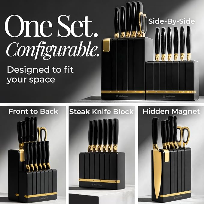 Black and Gold Knife Set - Knife Set with Magnetic Block, Knife Set with Block and Sharpener, Space Saving Convertible In Drawer Knife Block, German Stainless Steel Kitchen Knives