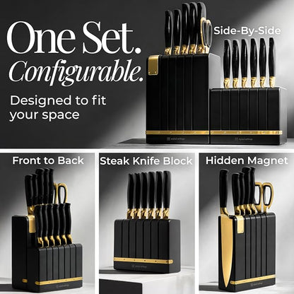 Black and Gold Knife Set - Knife Set with Magnetic Block, Knife Set with Block and Sharpener, Space Saving Convertible In Drawer Knife Block, German Stainless Steel Kitchen Knives