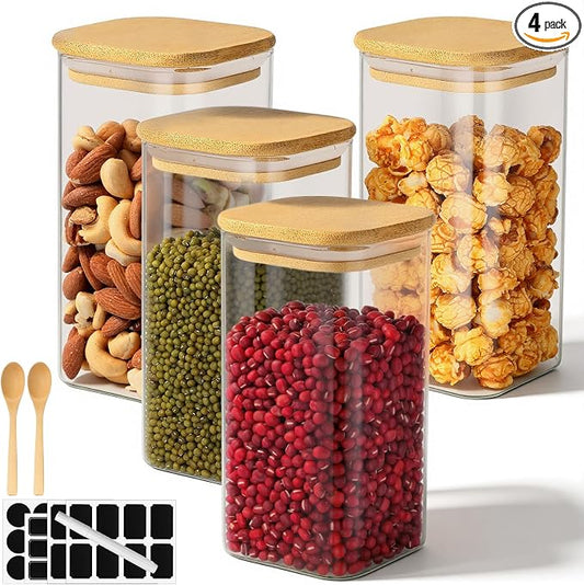 Glass Jars with Airtight Bamboo Lids, 23 Fl.oz Glass Storage Jars Set of 4, Clear Tea Sugar Containers with Lids, for Coffee, Flour, Candy, Herbs, Spice - Included Labels, Marker and Spoon