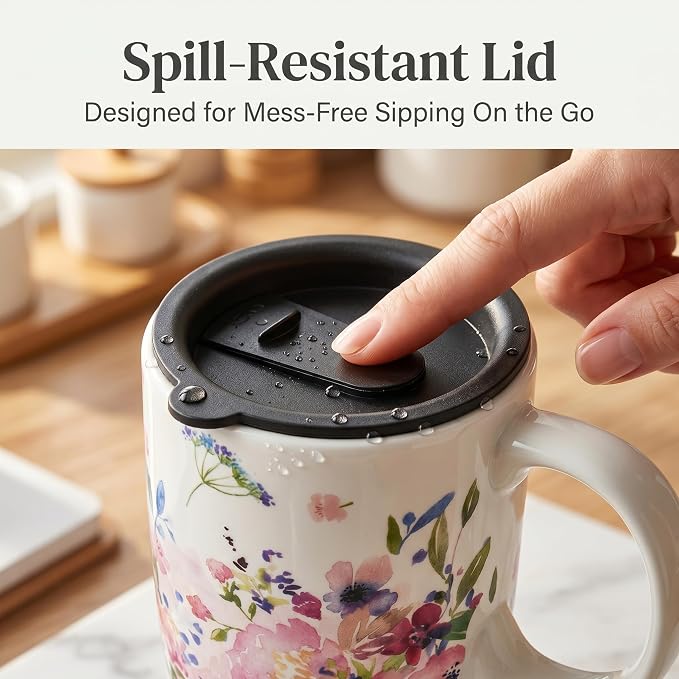 Topadorn 17oz Ceramic Travel Mug with Lid and Handle, Watercolor Floral Coffee Cup, Microwave & Dishwasher Safe, Reusable Tea Mug in Gift Box