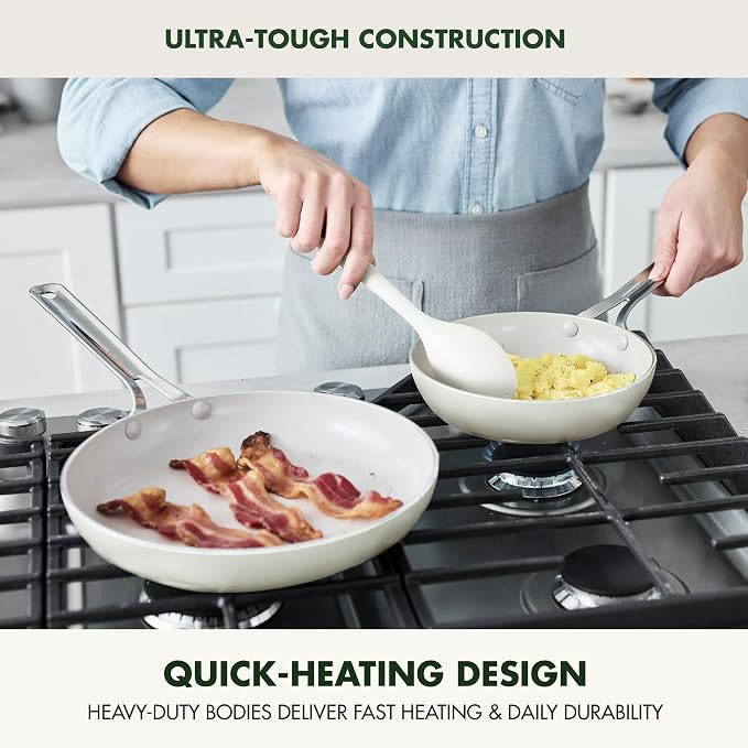 GreenPan Nova 8” & 10” 2 Piece Frying Pan Skillet Set, Oprah’s Favorite Things 2024, Induction Suitable PFAS-Free Nontoxic Ceramic Nonstick, Dishwasher & Oven Safe, Quick Even Heating, Cream White