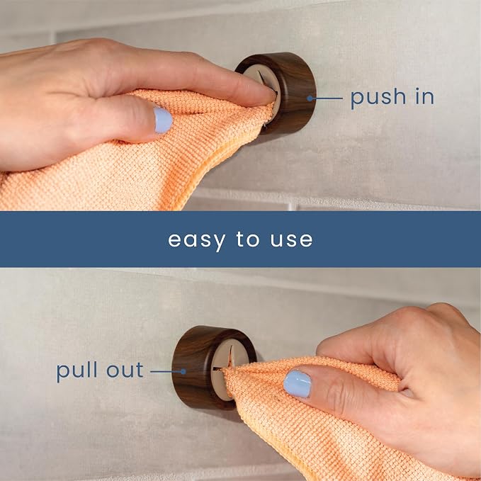 S&T INC. Round Adhesive Push Towel Hooks for Kitchen, Hand and Dish Towels, Plastic, Walnut, 4 Pack