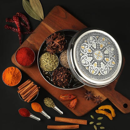 KSJONE Designer Spice Box, 7 Spice Jars, Holds 7 Spices, Steel Spice Container with 7 Spoons, Storage for Spices and dryfruits Indian Masala Dabba Gifts for Women, Mothers Day Gifts for Mom (7.3 Inch)