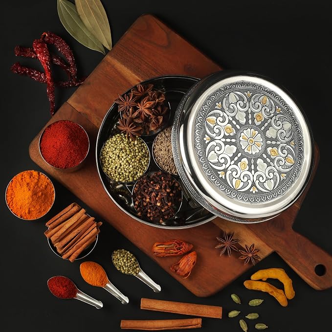 KSJONE Designer Spice Box, 7 Spice Jars, Holds 7 Spices, Steel Spice Container with 7 Spoons, Storage for Spices and dryfruits Indian Masala Dabba Gifts for Women, Mothers Day Gifts for Mom (9 Inch)
