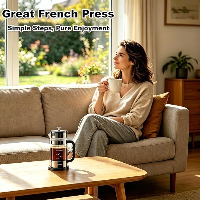 French Press Coffee Maker, 304 Stainless Steel French Press with 4 Filter, Heat Resistant Durable, Easy to Clean, Borosilicate Glass Coffee Press, 100% BPA Free Glass Teapot, 34oz, Dark Pewter