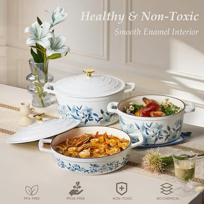 CAROTE 3.5QT Enameled Cast Iron Braiser Pan, Shallow Floral Dutch Oven Casserole Skillets, Non-Toxic Cast Iron Pot with Lid for Baking, Dual Handles, All Stovetop Compatible, White & Blue
