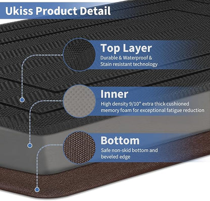UKISS 9/10"" Extra Thick Cushioned Anti Fatigue Kitchen Mat, Waterproof High Density Foam Standing Desk Mat, Non-Slip Ergonomic Comfort Mat for Kitchen, Office,Workstation Black (Black, 20" X 48")