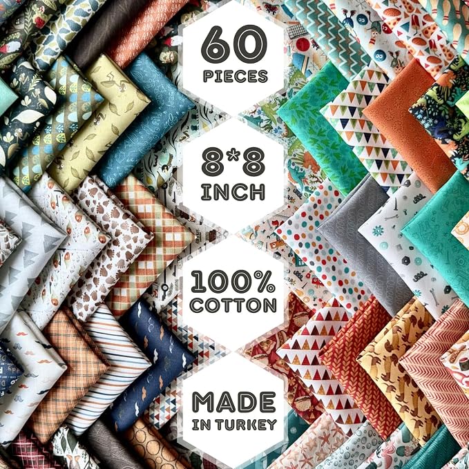 Mixed Pattern Cotton Fabric Bundle – 60 Pre-Cut Squares (8×8 inch), 100% Cotton 140 GSM, Eco Digital Print, Made in Turkey
