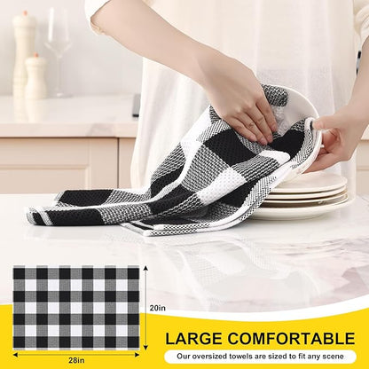 Homaxy Kitchen Towels and Dishcloths Set, 12 x 12 and 20 x 28 Inches, Set of 8 100% Cotton Waffle Weave Check Plaid Kitchen Dish Towels, Super Soft and Absorbent Dish Cloths, White & Black