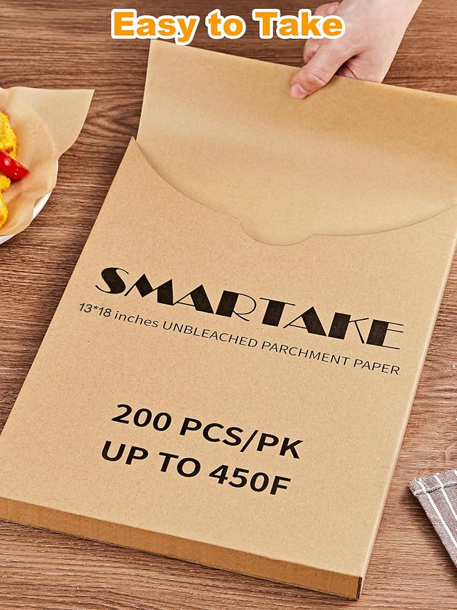 SMARTAKE 200 Pcs Parchment Paper Baking Sheets, 13x18 Inches Non-Stick Precut Baking Parchment, for Baking Grilling Steaming Bread Cup Cake Cookie and More (Unbleached)
