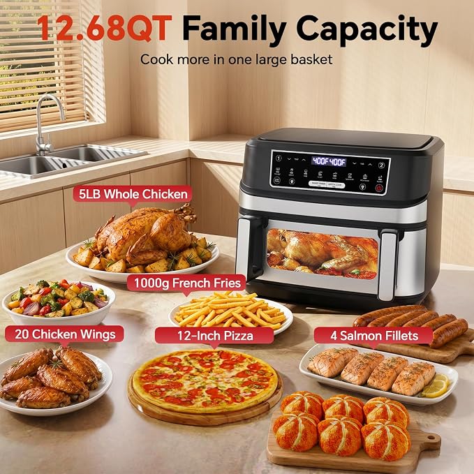 Emphsism 12QT Large Dual Zone Air Fryer with Divider, Match Cook & Smart Finish, Air Fry/Roast/Bake/Toast/Dehydrate/Reheat/Keep Warm/Preheat, Nonstick Dishwasher-Safe Basket, Digital Touchscreen