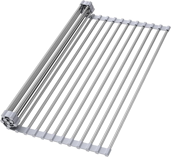 Roll Up Dish Drying Rack for Sink, Over Sink Dish Rack 17 x 15.7 Inch, Silicone Stainless Steel Dish Drainer for Kitchen Counter, BPA Free Utensil Drying Rack, Gray