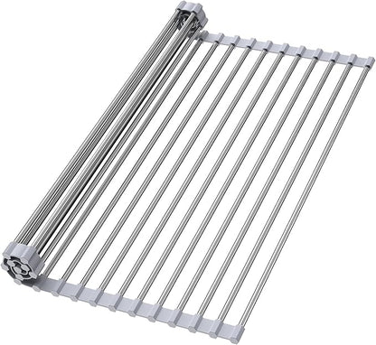 Roll Up Dish Drying Rack for Sink, Over Sink Dish Rack 17 x 15.7 Inch, Silicone Stainless Steel Dish Drainer for Kitchen Counter, BPA Free Utensil Drying Rack, Gray