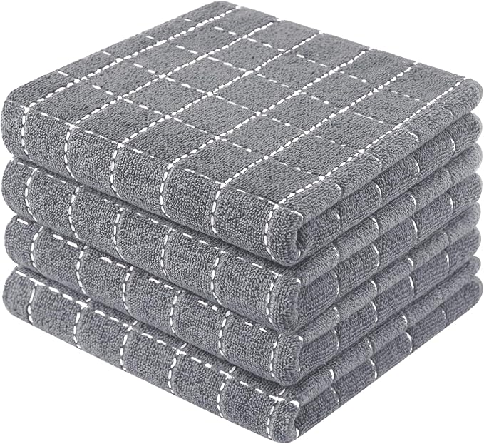 Mordimy 100% Cotton Terry Cloth Kitchen Towels, Super Soft and Absorbent Dish Towels for Drying, Checkered Designed Hand Towels for Kitchen, 13 x 28 Inches, 4 Pack, Light Grey