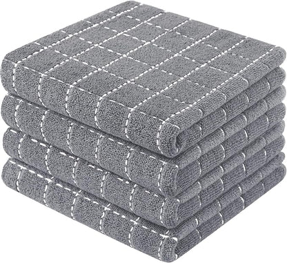 Mordimy 100% Cotton Terry Cloth Kitchen Towels, Super Soft and Absorbent Dish Towels for Drying, Checkered Designed Hand Towels for Kitchen, 13 x 28 Inches, 4 Pack, Light Grey