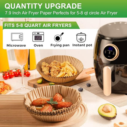Air Fryer Disposable Paper Liners: 125 PCS 8" Round Parchment Paper, Food Grade Baking Liner for 5-8 QT Airfryer Basket, Waterproof and Oilproof for Easy Cleanup