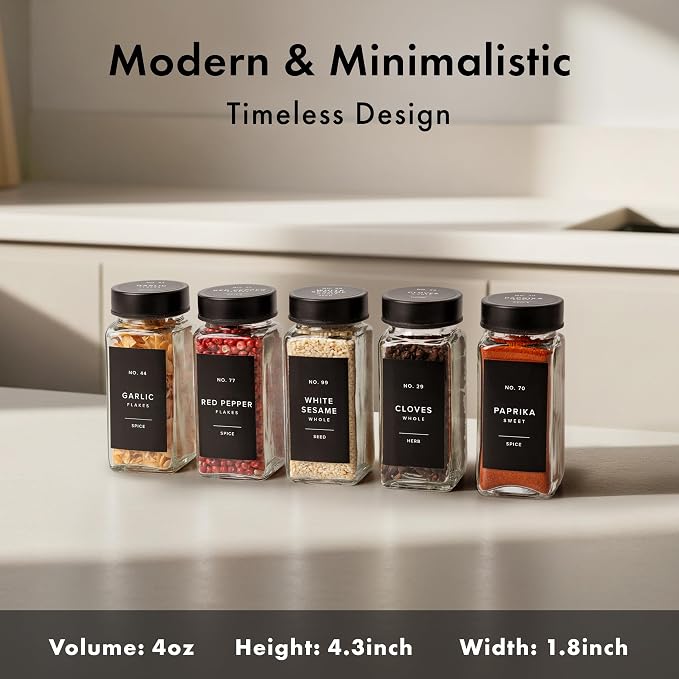 EDELHAUS Glass Spice Jars with Label and Black Lids (24 x 4oz) Spice Containers with 240 Labels, Shaker Inserts, Steel Funnel, Empty Square Seasoning Organizer for Spice Rack, Cabinet, Drawer