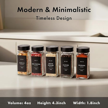 EDELHAUS Glass Spice Jars with Label and Black Lids (24 x 4oz) Spice Containers with 240 Labels, Shaker Inserts, Steel Funnel, Empty Square Seasoning Organizer for Spice Rack, Cabinet, Drawer