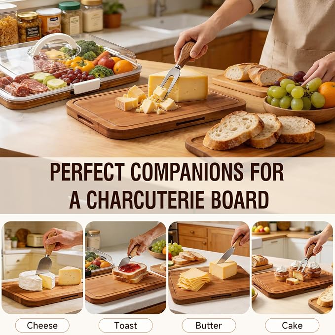 Renmxj Charcuterie Boards with Lid Gift Set, 2 in 1 Travel Portable Cheese Board with Knives Set, Carbonized Bamboo Charcuterie Tray, Housewarming Gifts New Home, Picnic, Wedding Gifts, White Handle
