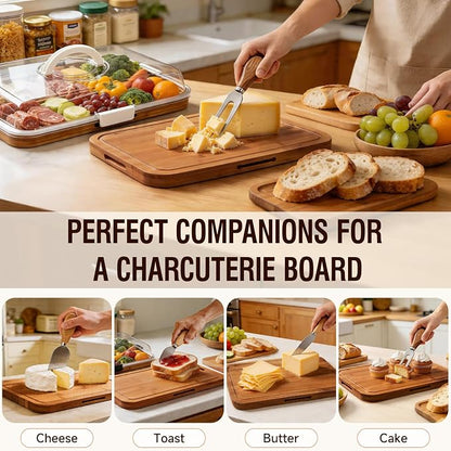 Renmxj Charcuterie Boards with Lid Gift Set, 2 in 1 Travel Portable Cheese Board with Knives Set, Carbonized Bamboo Charcuterie Tray, Housewarming Gifts New Home, Picnic, Wedding Gifts, White Handle