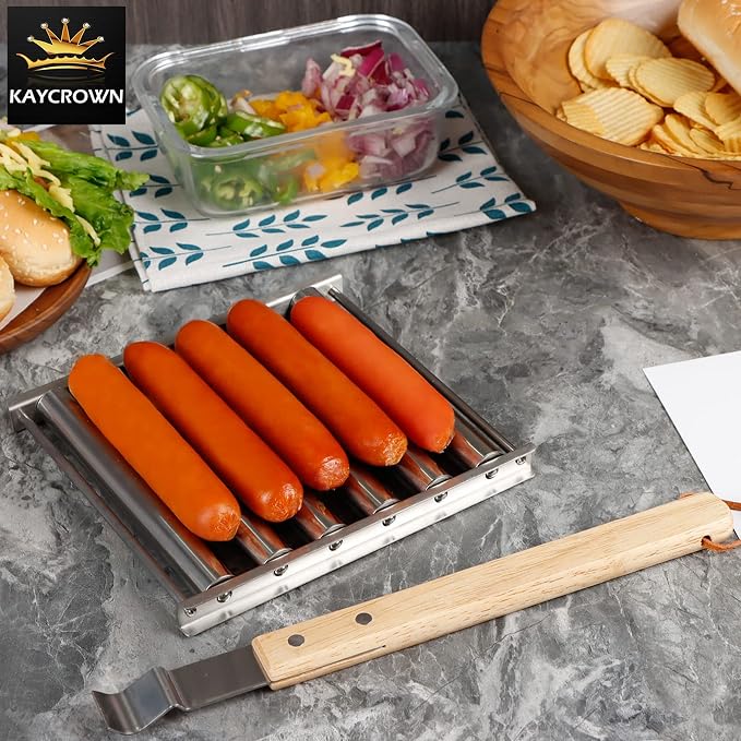 KAYCROWN Hot Dog Roller Sausage Rack with Extra Long Wood Handle, BBQ Griller For Evenly Cooked Dogs, 5 Capacity, Silver