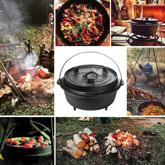 Overmont 9QT Cast Iron Dutch Oven Pre-Seasoned Camping Dutch Oven Pot with Legs, Lid Lifter & Dual Handles, Cast Iron Pot with Skillet Lid for Campfire Cooking, BBQ, Grill, Stove, Outdoor Use